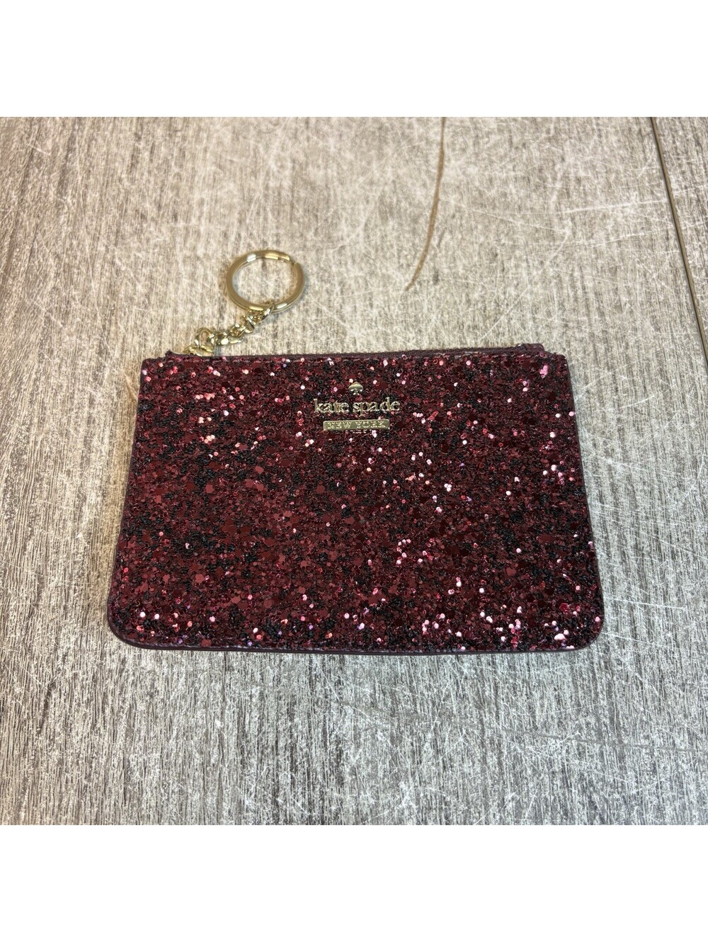 Kate Spade New York Glitter Card Case Keychain Wallet Pink Burgundy Zip Gold